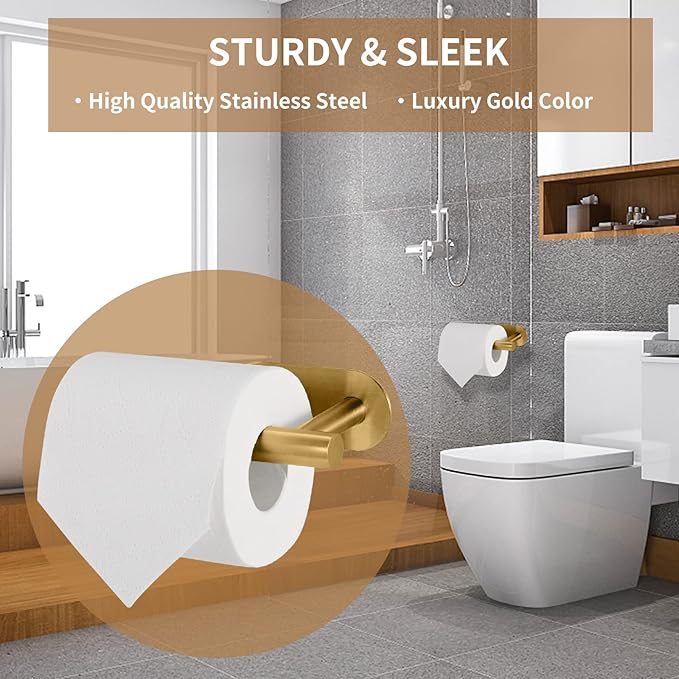 LAYUKI Toilet Paper Holder,Gold,Wall Mount, Upgraded Adhesive Toilet Roll Holder,no Drilling,Bathroom/Rv/Washroom,SUS 304 Stainless Steel,Rustproof (Gold, 1 Piece)