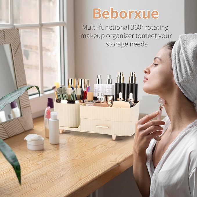 Beborxue 360?? Rotating Makeup Organizer for Vanity with Drawers, Large Capacity Cosmetic Display Case, skincare organizer, Cosmetic Organizer for Lipstick, Skincare, Brushes, Eyeshadow, (Rice White)