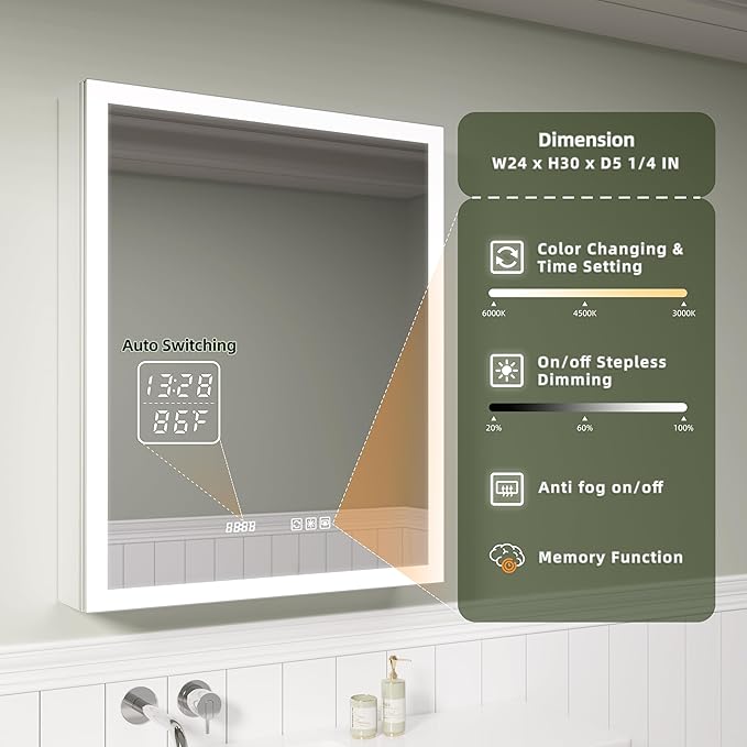 LED Medicine Cabinet Mirror with Lights, 24x30 Inch Bathroom Storage, Recessed/Wall Mount, Plug-in/Hardwired, 3 Color Dimmable Light, Anti-Fog, Time Temp Display, Right Hinge