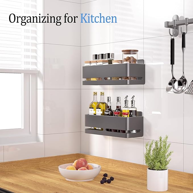 Shower Caddy, 2-Pack Shower Shelf, Heavy-Duty Bathroom Storage Shelf, Large Capacity No-Drill Bathroom Organizer, Gray Metal Storage Basket, Adhesive Installation