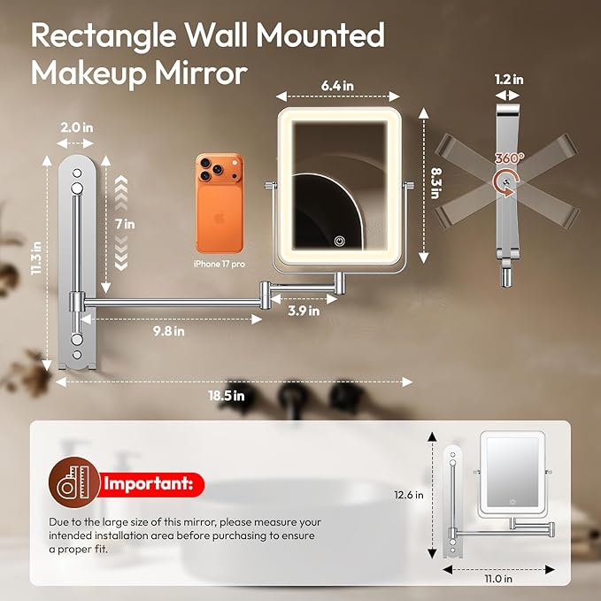 Height Adjustable Wall Mounted Lighted Makeup Mirror with Lights, 10X Magnifying Mirror for Bathroom, 7in Slide Rail and 360° Extended Arm, Rechargeable Wall Mirror with Dual Hooks for Hotel