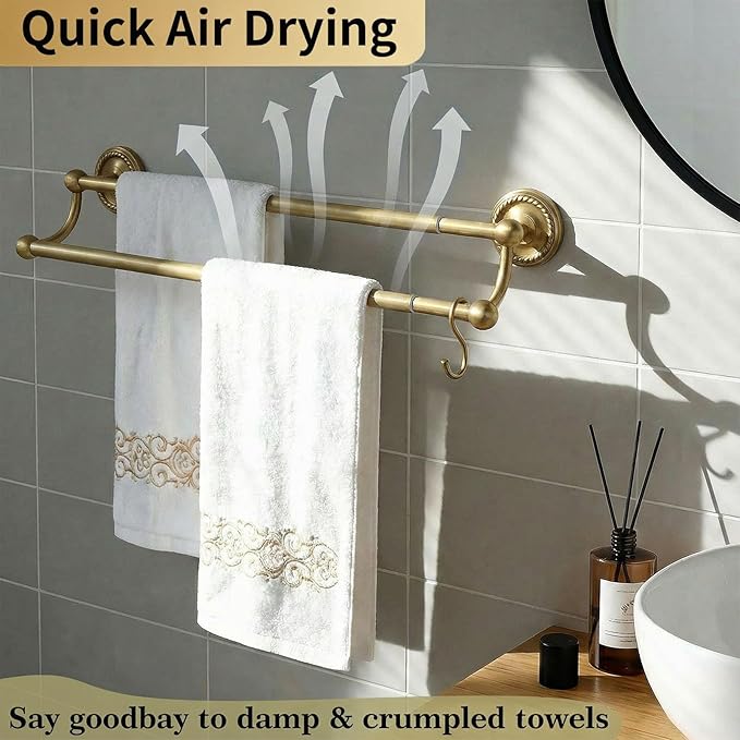 Double Towel Bar, Antique Brass Bathroom Towel Racks Wall Mounted, Adjustable Gold Towel Bar Fits 14-25 Inch Centers, Heavy Duty Rustproof Brass Towel Rod Holder for Bath
