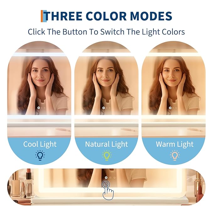 GarveeHome 30.15 in x20.19 in Lighted Makeup Mirror，Led Makeup Mirror,Three Color Lighting Modes, and 10X Magnification Mirror, Smart Touch Control,2 in-1 Vanity Mirror Both Tabletop and Wall-Mounted
