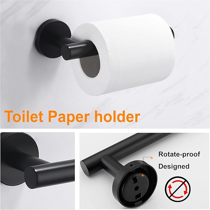 Nolimas 3-Pieces Set Matte Black Bathroom Hardware Set SUS304 Stainless Steel Round Wall Mounted - Includes 12" Hand Towel Bar,Toilet Paper Holder, Robe Towel Hooks,Bathroom Accessories Kit
