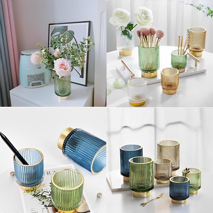 Makeup Brush Holder Organizer, Heavy Crystal Glass Brush Storage Holder, Vintage Cosmetic Make Up Bathroom Brushes Cup Pen Pencil Toothbrush Holder Striped Vase (S+L (amber))