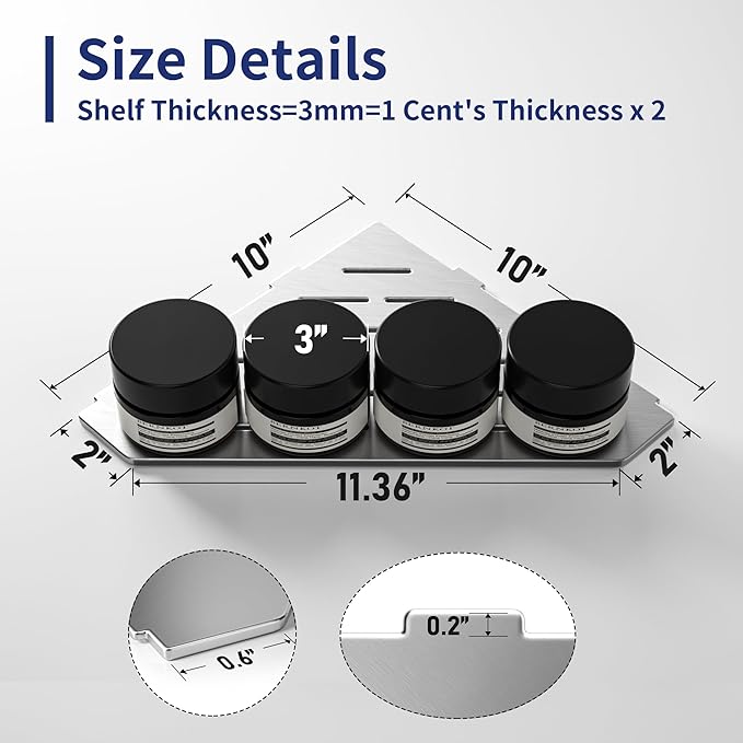 Corner Shower Shelf 10", Brushed 304 Stainless Steel Pentagonal Heavy Duty Floating Corner Sheves, Slot Design Recessed Bathroom Shelf for Tiled Wall 2 Pack