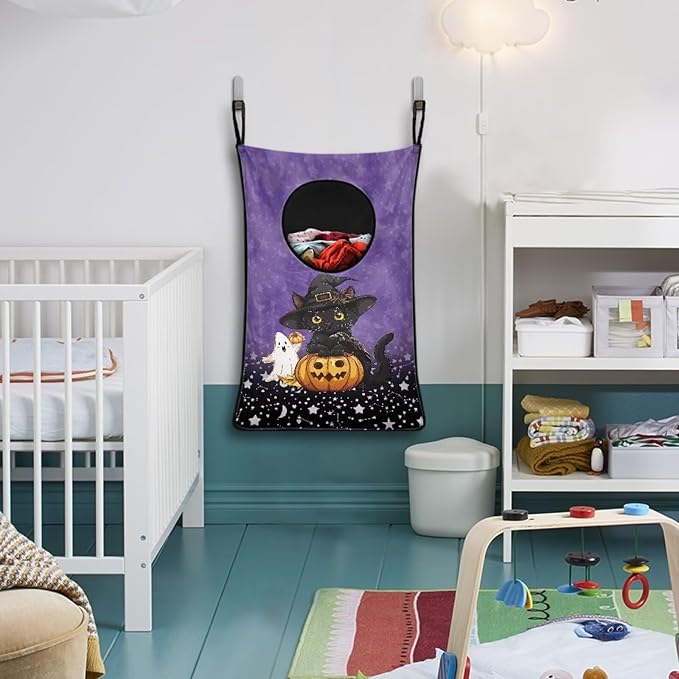 ZOUTAIRONG Hanging Hamper for Clothes Over the Door Laundry Hamper Laundry Basket Hanging Shelf Closet Storage Organizer Hamper Laundry Bag for Halloween, Black Cat Pumpkin