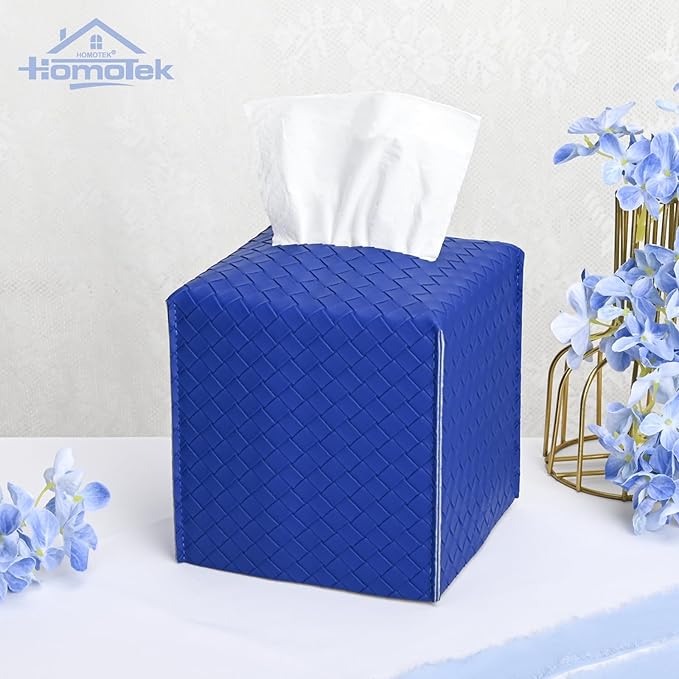 HOMOTEK 2 Pack Tissue Box Cover, Square PU Leather Tissue Holder, Decorative Facial Tissue Cube Paper Organizer Dispenser for Bathroom, Night Stands, Desk, Car 5X5X5'' - Woven Waffle,Blue