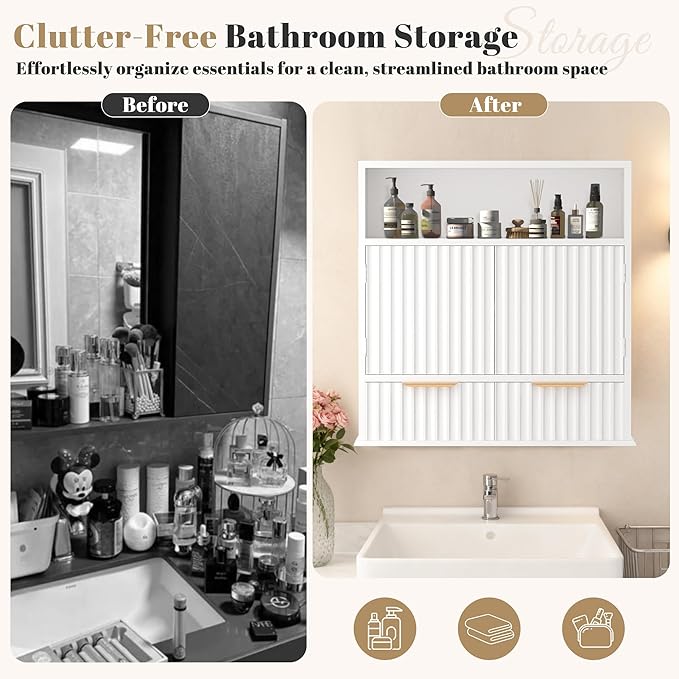 Fluted Bathroom Wall Cabinet with Drawers, Wooden Medicine Cabinet Organizer Over The Toilet, Wall Mounted Storage Cabinet with Open Shelf for Bathroom, Kitchen, and Laundry Room (White)