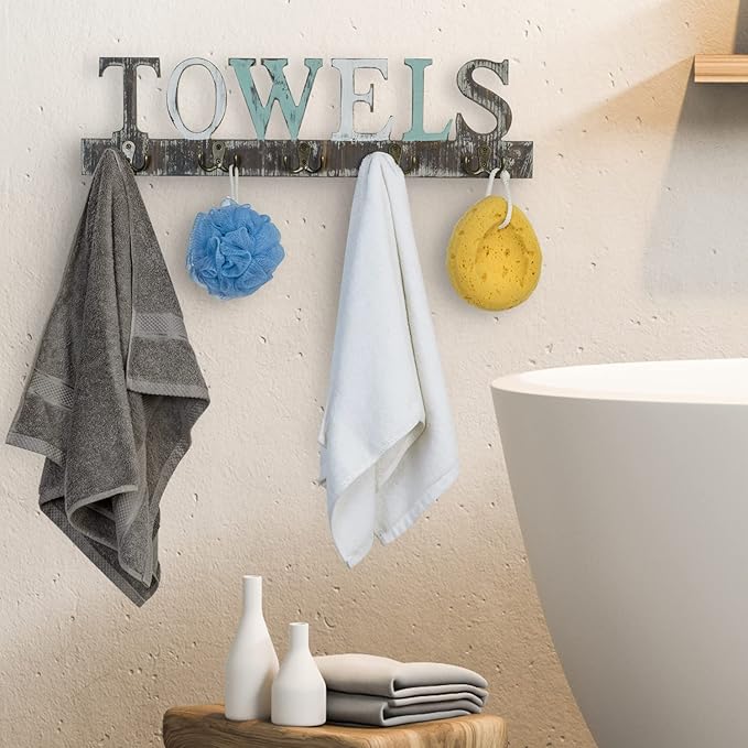 MyGift Towel Rack for Bathroom, Wall Mounted Bath Towel Holder with 5 Dual Hooks, Kitchen Laundry Hand Towel Hanger, Rustic Multicolored Solid Wood with Decorative Towel Cutout Design