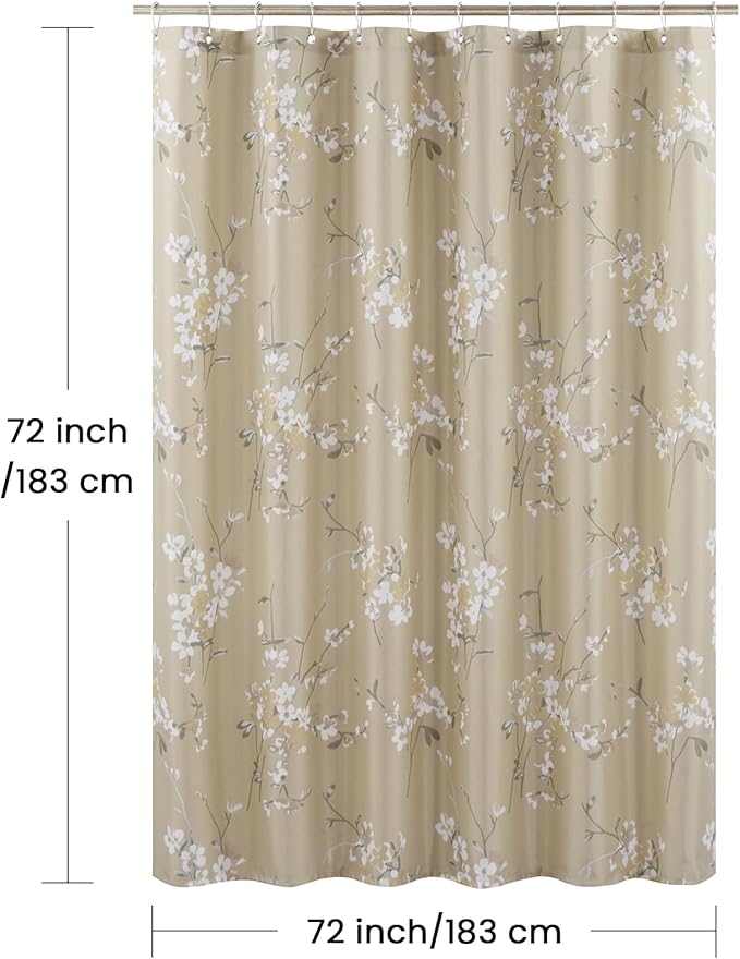 Fabric Floral Shower Curtain, Beige Gold Plant Flower Shower Curtains for Bathroom, Waterproof Bathroom Curtains, 72" W x 72" H