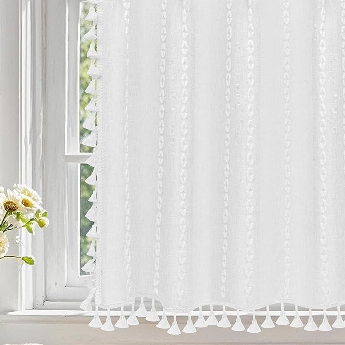 Boho Farmhouse Window Curtain with Tassels, 30 x 24 Inch Light Filtering Sheer Short Cafe Window Curtain Tier, White Linen Textured Pleated Small Window Drape for Kitchen or Bathroom, 1 Panel