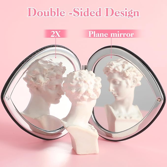 Qianyu Compact Folding Heart Shaped Double-Sided 1X/2X Magnifying Mini Glitter Makeup Mirror with PU Leather for Women Home, Office and Travel (Silver)