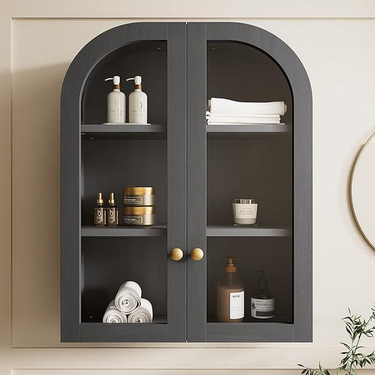 Fatmok Arched Bathroom Wall Cabinet Over The Toilet Storage Cabinet, 23.6"x31.5" Wood Medicine Cabinet Wall Mounted with Glass Doors & Adjustable Shelf, Floating Wall Cabinet for Bathroom(Black)