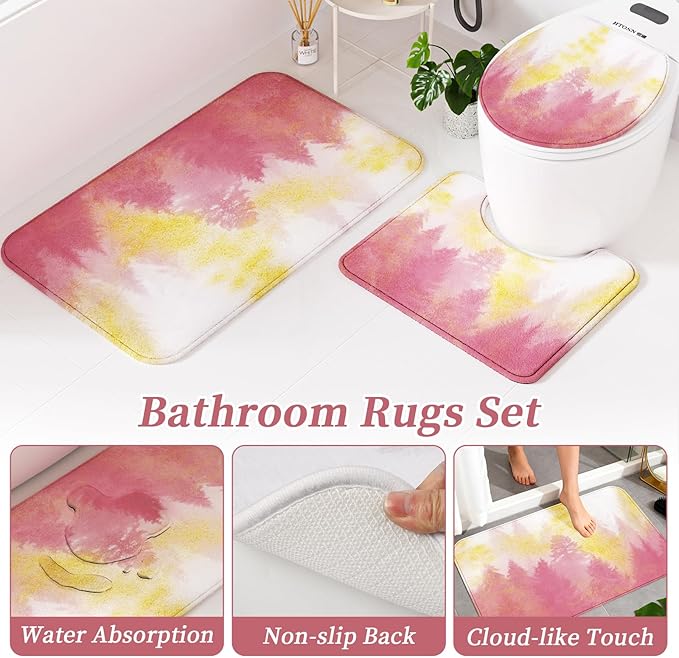 Pink and Gold Bathroom Accessories, Bathroom Sets with Shower Curtain and Rugs, Bath Rugs Accessory Set with Bathroom Trash Can, Soap Dispenser, Soap Dish for Home Decor