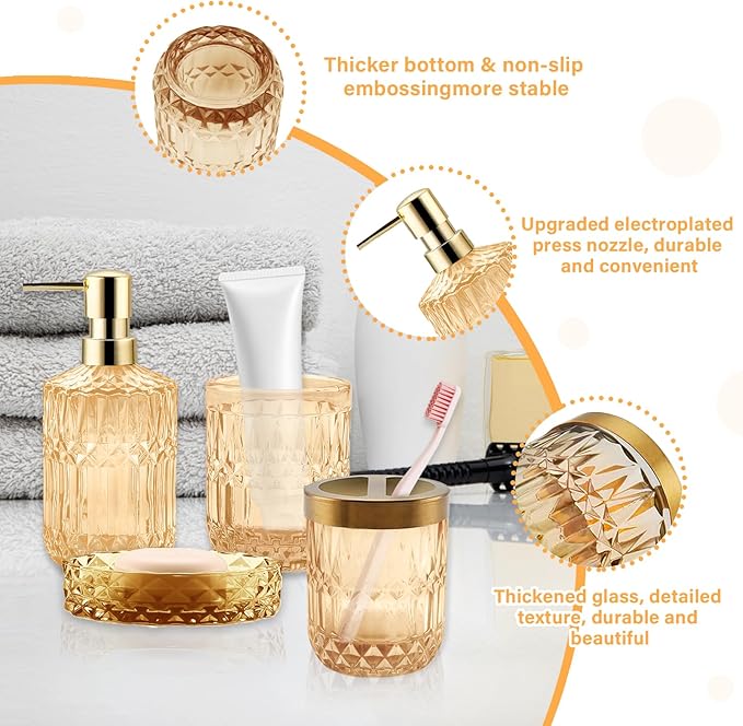 5Pcs Golden Bathroom Accessories Set, Glass Bathroom Accessories, Vintage Bathroom Countertop Decoration Includes Soap Dispenser, Toothbrush Holder, Qtip Holder,Soap Dish and Rinsing Cup