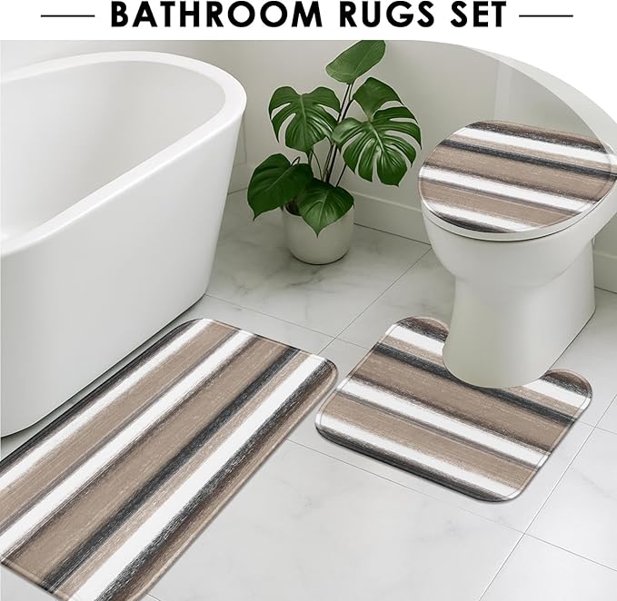Stripes Taupe Shower Curtain Set with Toilet Lid Cover and Non-Slip Rugs for Bathroom, Watercolor Abstract Painting Art 4 Pcs Shower Curtain, Modern Bathroom Set with 12 Hooks