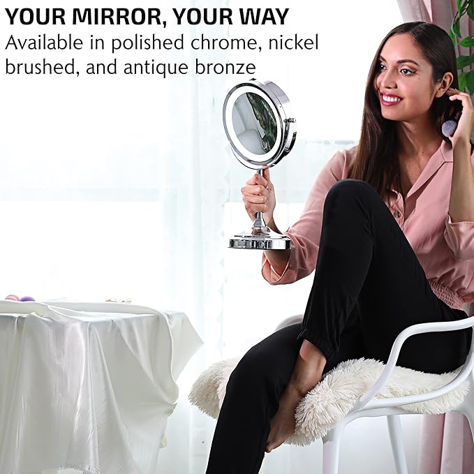OVENTE 7'' Lighted Makeup Mirror with 1X/7X Magnification, Cordless Tabletop Mount Vanity Mirror with 360° Swivel Design & Double Sided Glow Cosmetic White LED Ring Light, Polished Chrome MCT70CH1X7X
