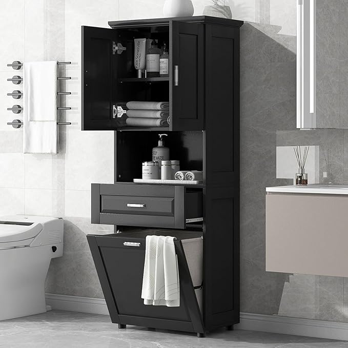 Virubi Laundry Cabinet with Tilt Out Laundry Hamper and Drawer, Wood Tall Bathroom Storage Cabinet with Doors and Adjustable Shelves, Freestanding (Black)