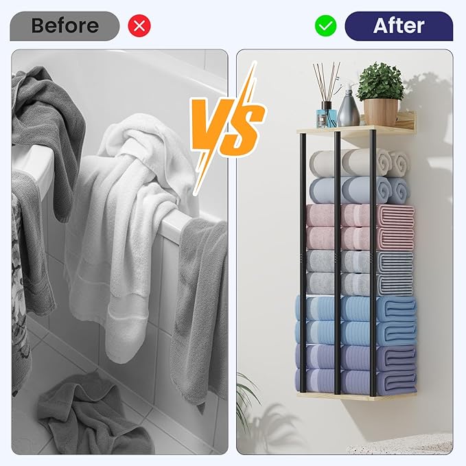 34 Inch Bathroom Towel Rack with Shelf – Modern Towel Holder for Bathroom Wall Mounted, Holds 6 Large Bath Towels, Rolled Towel Organizer for Bathroom, Laundry Room, and Small Space Storage