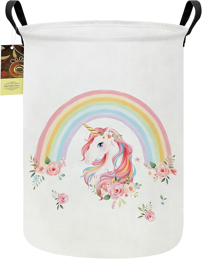 HUNRUNG Laundry Hamper,Large Canvas Fabric Lightweight Storage Basket Toy Organizer Dirty Clothes Collapsible Waterproof for College Dorms???Round-Rainbow Unicorn???