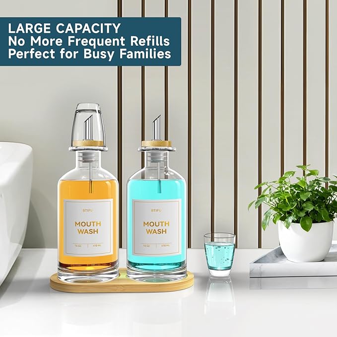 2PCS Glass Mouthwash Dispenser for Bathroom Countertop – 14oz/410ml Refillable Mouthwash Bottle with Stainless Steel Pour Spout & Bamboo Tray, Modern Decor for Home, Office, Airbnb (Clear)