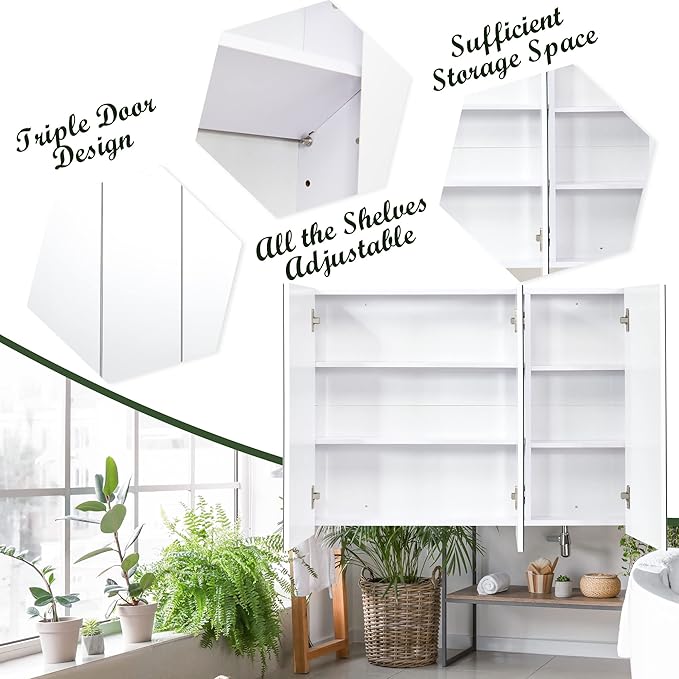 GLACER Large Mirrored Medicine Cabinet, Bathroom Wall Mounted Storage Cabinet with Triple Mirrored Doors, Ideal for Bathroom, Living Room, 36 x 4.5 x 25.5 inches (White)