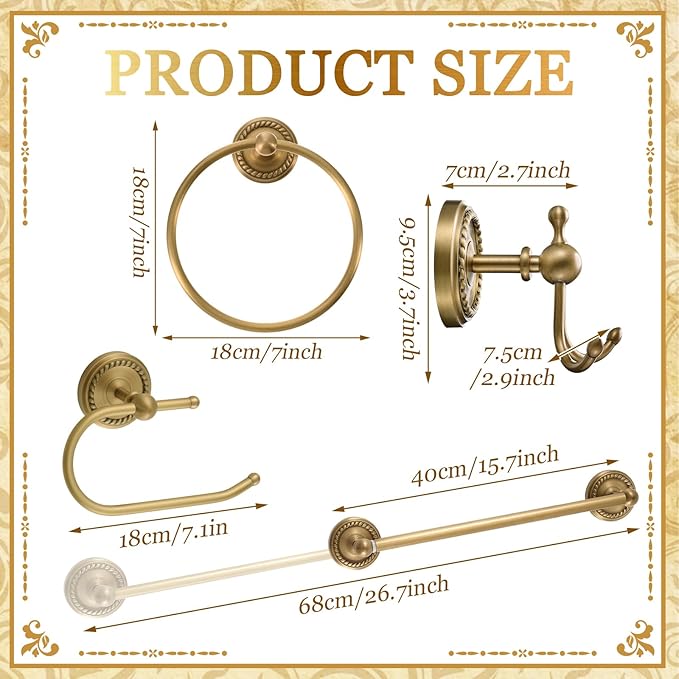 4 Pcs Antique Brass Gold Bathroom Accessories Set Wall-Mounted Towel Rack & Towel Ring & Toilet Paper Holder & Robe Hook, Wall Mounted Brass Vintage Bath Hardware Fixture Set(Style 5)
