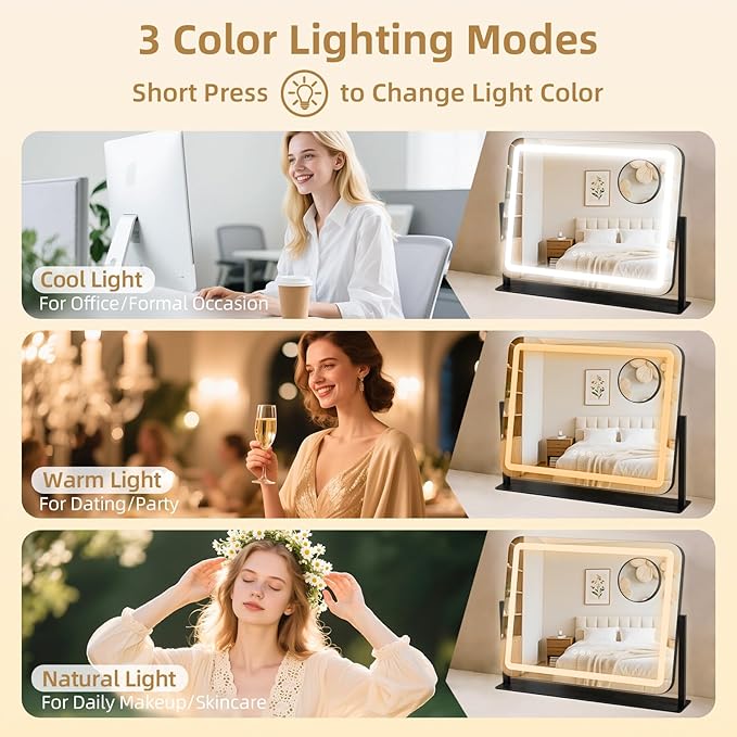 Vanity Mirror with Lights 22"x17", Lighted Makeup Mirror with 10X Magnification, 3 Color Dimmble Lights, Touch Control, 360° Rotation, Metal Frame, Women's Gift, For Bedroom/Dressing Room, Black