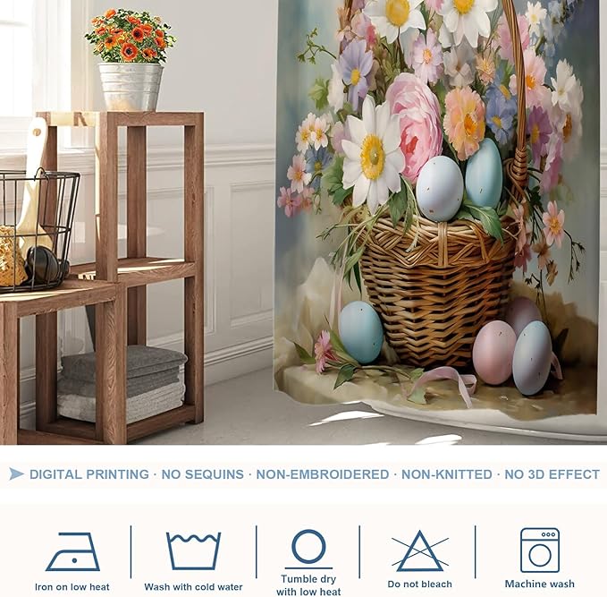 Shrahala Basket Flowers Eggs Decorative Shower Curtain, A Basket Filled with Flowers and Eggs Bathroom Décor Polyester Fiber Waterproof with Plastic Rings for Shower Stall Bathtubs 72 X 36 in