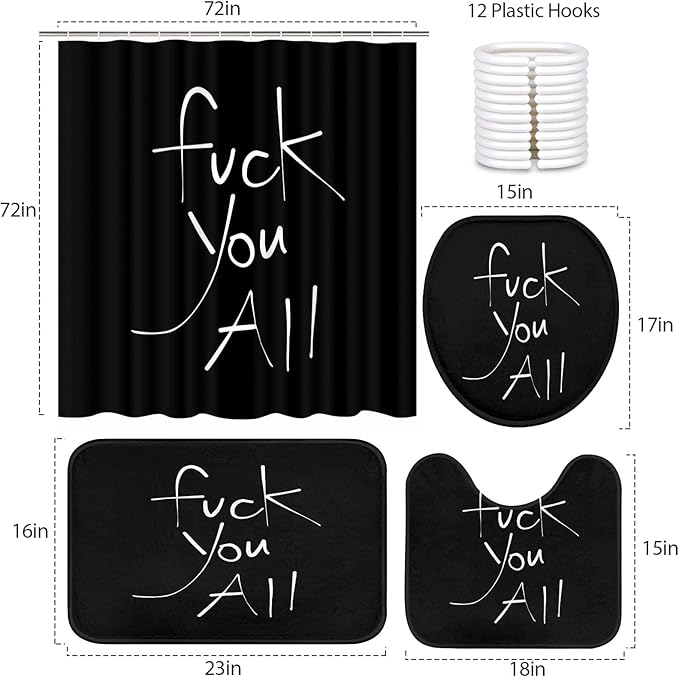 ArtSocket 4PC Shower Curtain Set with Rugs, Fuck You All Bathroom Set with Non-Slip Rug, Toilet Lid Cover, Bath Mat and 12 Hooks 72x72 inches