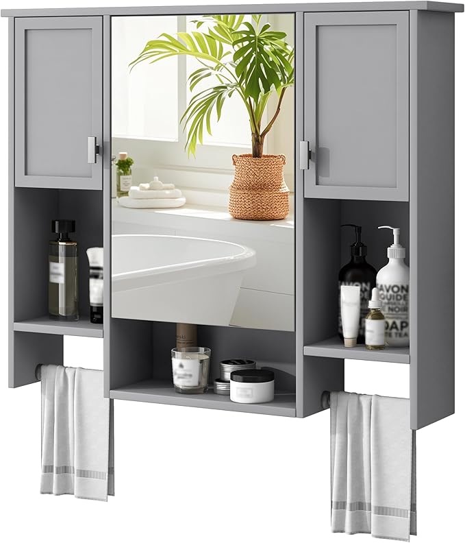 Merax Medicine Cabinet for Bathroom, Wall Mount Bathroom Cabinet with Mirror, Open Shelf, and Towel Bar, 35" W x 28.7" H Over The Toilet Mirrored Bath Wall Cabinet