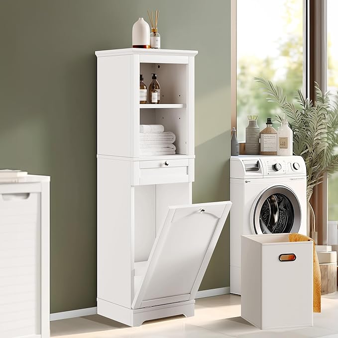YITAHOME 53" Tall Tilt-Out Laundry Storage Cabinet, Hidden Hamper with Adjustable Shelves, Removable Basket & Sturdy Wooden Design for Bathroom or Laundry Room Organization, White