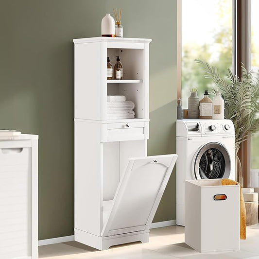 YITAHOME 53" Tall Tilt-Out Laundry Storage Cabinet, Hidden Hamper with Adjustable Shelves, Removable Basket & Sturdy Wooden Design for Bathroom or Laundry Room Organization, White