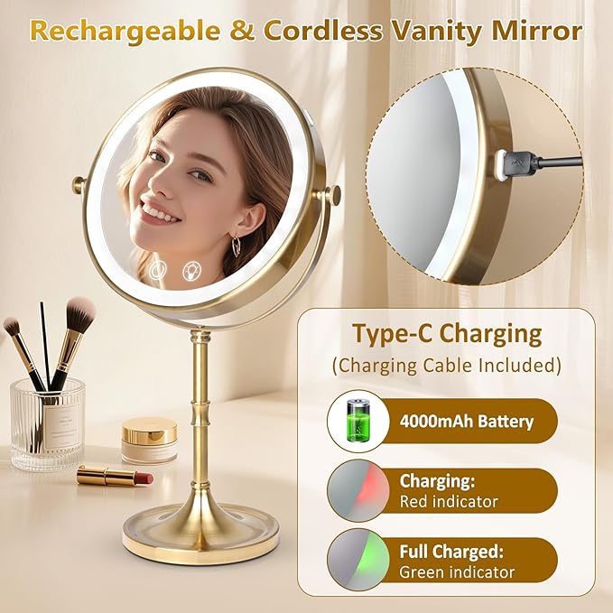 Vanity Mirror with Lights,4000mAh Rechargeable Double Sided Magnifying Mirror with 3 Colors Adjustable,1x/10x Lighted Makeup Mirror,360°Rotation Touch Screen with Memory Function,Gold