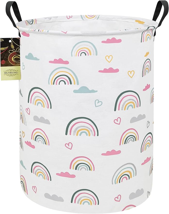 HUNRUNG Laundry Hamper,Large Canvas Fabric Lightweight Storage Basket Toy Organizer Dirty Clothes Collapsible Waterproof for College Dorms???Round-Rainbow???