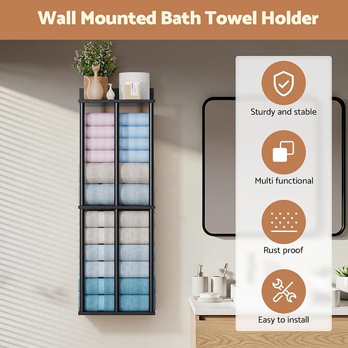 Bathroom Towel Storage, Black Bathroom Towel Holder, Wall Mounted Towels Racks Shelf Towels Organizer for Rolled Towels, 34inch Modern Storage Rack Organizer for RV