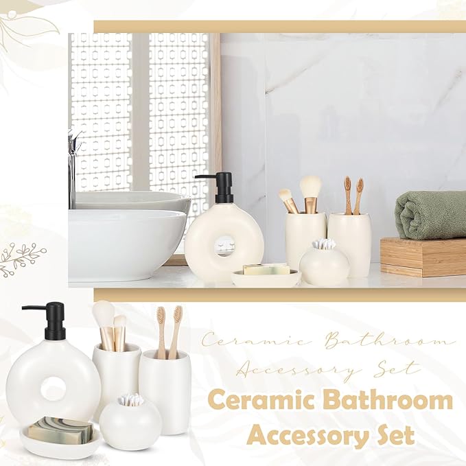 FoldTier 5 Pcs Ceramic Bathroom Accessories Set Includes Soap Dispenser Toothbrush Cup Holder Soapbox Holder Stylish Modern Bathroom Matte Glaze Decor(White)