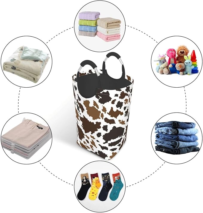 Cow Skin Laundry Basket Animal Laundry Hamper Cow Print Collapsible Baskets with Handle Dirty Clothes Hamper Bag for Dorm Family Bathroom Decor Storage 50L