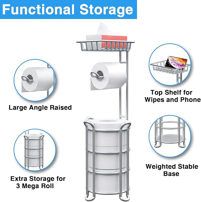 Toilet Paper Holder Stand with Shelf for Phone, Free Standing Tissue Roll Storage and Dispenser Rack for 4 Mega Rolls, Silver Gray