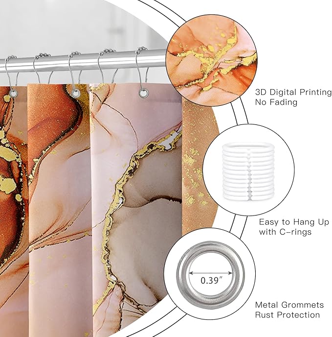 4PCS Burnt Orange Marble Shower Curtain Sets with Rugs, Abstract Bathroom Sets with Shower Curtain Rugs, Luxury Bathroom Curtains Shower Set with Toilet Lid Cover Modern for Bathroom Decor