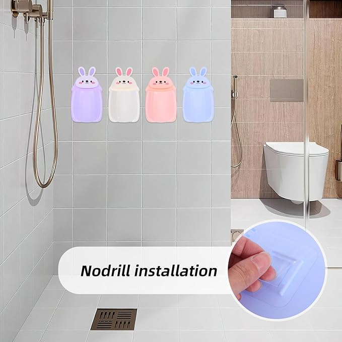 4pcs No-Drill Cute Bunny Wall Mounted Storage Shelves Bathroom and Kitchen Organizer Rack with Floating Bins in Blue, Purple, Pink, and White for Toiletries and Spice Storage
