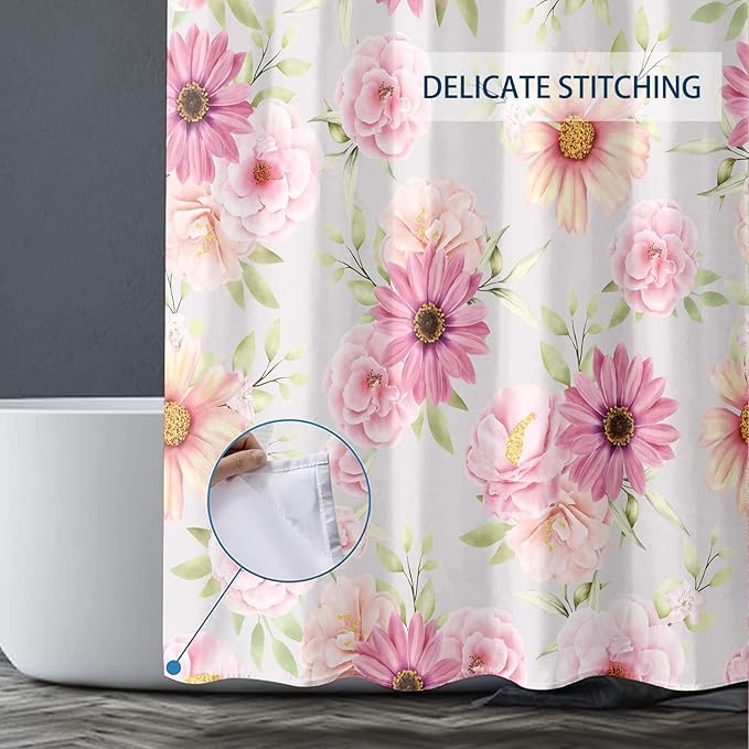 Pink Daisy Peony Flower Shower Curtains, Watercolor Floral Green Leaves Waterproof Fabric Botanical Bathroom Shower Curtain, 72 x 72 Inch