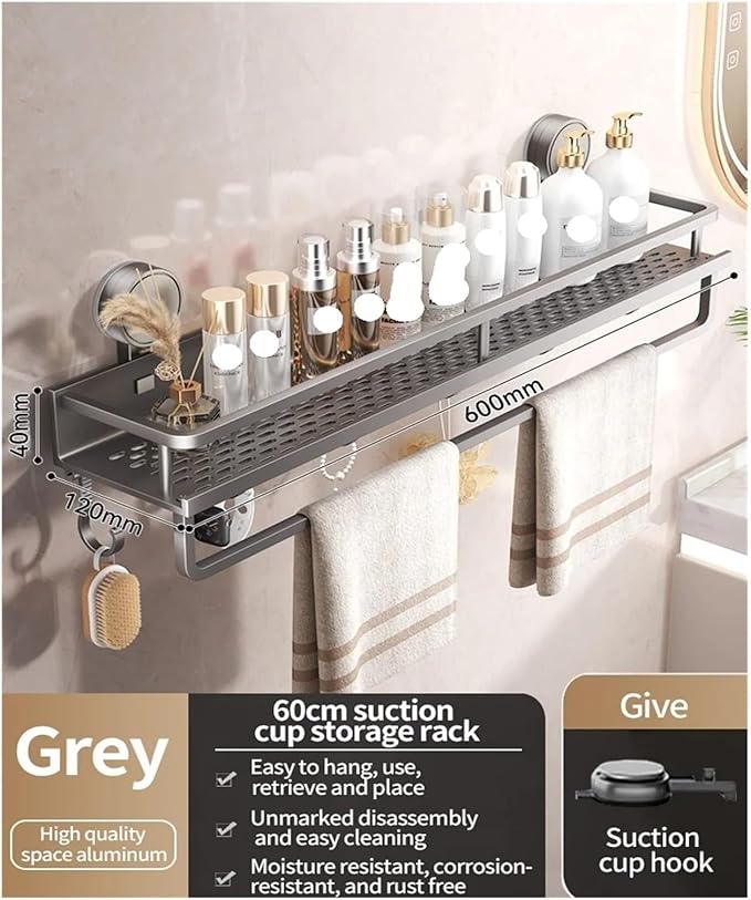No Drill Suction Cup Suction Bathroom Rack Bathroom Shelf Toilet Space Aluminum Hanging Rack Bathroom Organizer Hang On The Wall(Grey layer 60cm rod)