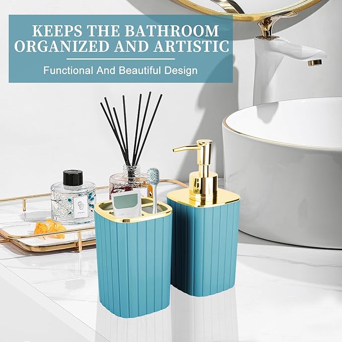 2PCS Bathroom Accessories Set, Teal Blue Bathroom Accessories Include Soap Dispenser and Toothbrush Holder for Boho Bathroom Decor