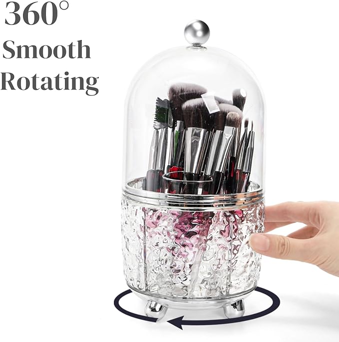 Eorbow Rotating Makeup Brush Holder, Dustproof Cosmetic Tools Organizer with Lid, 360?? Spinning Covered Brushes Storage with Anti-slip Pads for Vanity, Bathroom Countertop & Bedside Table, Clear