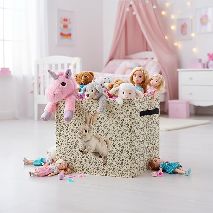 Easter Bunny Storage Bin Box with Handles, Cottagecore Botanical Rabbit Foldable Baskets Organizer for Kids Girls Room Nursery Bathroom Home Clothes Toys Books, Toybox for Girls