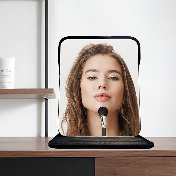 gogofree Foldable Desktop Mirror, 8" × 6" Adjustable Angle Makeup Mirror with Stand, Black Small Mirror for Travel Camping and Home (Black)