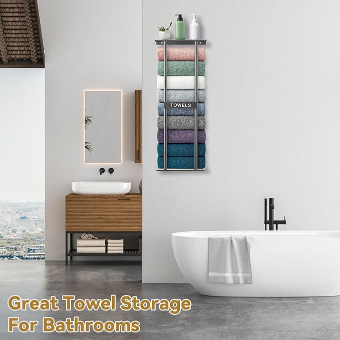Vertical Towel Rack Wall Mounted - Metal Rolled Towel Holder, 31 Inch Black Space Saving Bathroom Storage Shelf for Shower, Toilet & RV (Grey)