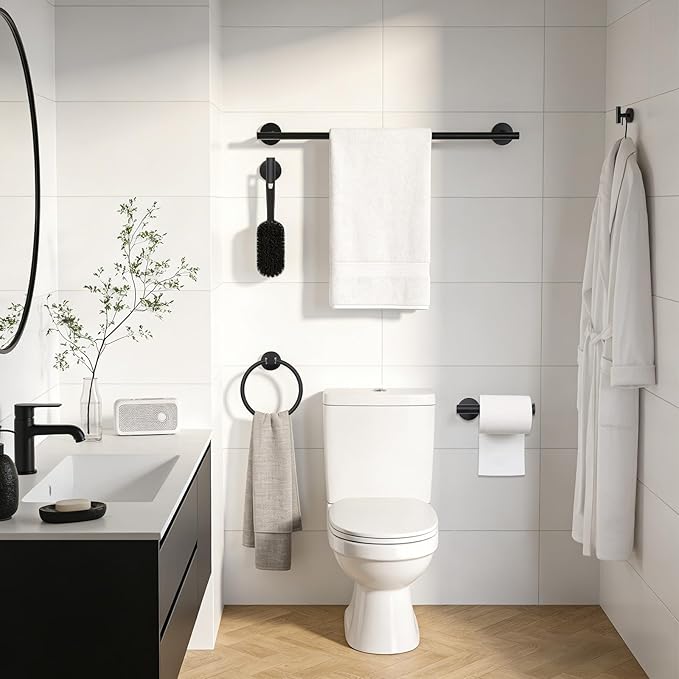 24 Inch Usable Towel Bar, 5-Piece Matte Black Bathroom Accessories, SUS304 Stainless Steel Towel Ring Holder, Toilet Paper Holder with 2 Hooks, Wall Mounted Modern Bathroom Hardware Set